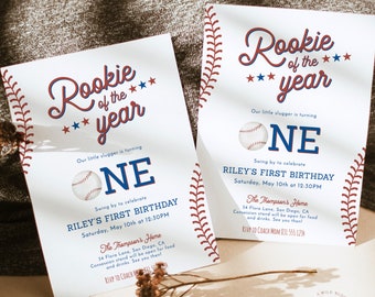 Baseball erste Geburtstagseinladung, Rookie des Jahres einladen, Baseball-Geburtstagsfeier einladen, Junge Geburtstag einladen, bearbeitbare Vorlage, R2