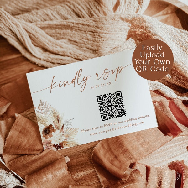 QR Code Response Card, RSVP Online, Pampas Grass, Wedding Reply, Boho Insert, Instant Download, Editable Template, A4