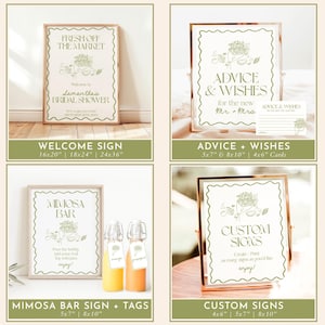 K&ouml;nnte beinhalten: Vier druckbare Schilder f&uuml;r eine Bridal Shower mit einem gr&uuml;nen und wei&szlig;en Blumenmuster. Die Schilder beinhalten "Fresh Off The Market", "Advice & Wishes", "Mimosa Bar" und "Custom Signs".