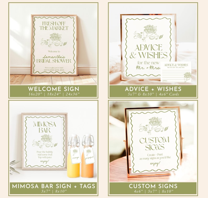 K&ouml;nnte beinhalten: Vier druckbare Schilder f&uuml;r eine Bridal Shower mit einem gr&uuml;nen und wei&szlig;en Blumenmuster. Die Schilder beinhalten "Fresh Off The Market", "Advice & Wishes", "Mimosa Bar" und "Custom Signs".