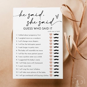 He Said She Said Game, Guess Who Mommy or Daddy Game, Gender Neutral Baby Shower, Minimalist Baby Shower Game, Editable Template M5