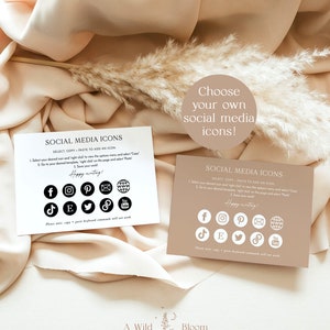 May include: Two printable cards with instructions on how to copy and paste social media icons. The cards are on a beige background with a beige pampas grass. The text on the cards reads "Social Media Icons Select, Copy, Paste to Add an Icon". The icons include Facebook, Instagram, Pinterest, Twitter, TikTok, Email, and YouTube.