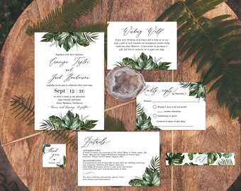 Tropical Wedding Invitation Suite | Editable Template | Watercolor Greenery Palm Leaf | Monstera Invitation Template | Instant Download