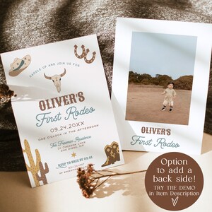 May include: A printable invitation for a child's first rodeo. The invitation features a cowboy hat, a skull and crossbones, a horseshoe, and a pair of cowboy boots. The text on the invitation reads "Oliver's First Rodeo" and includes the date, time, and location of the event. The invitation also includes a photo of a young boy in a cowboy hat and a blue shirt.