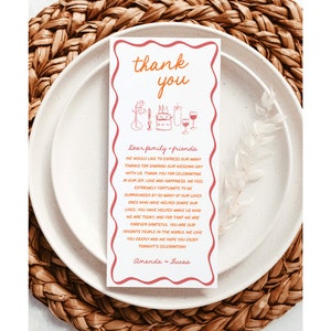 Carta de agradecimiento de boda, nota colorida de servilleta de boda, menú de boda gracias, ajuste de lugar dibujado a mano gracias, plantilla editable, H1