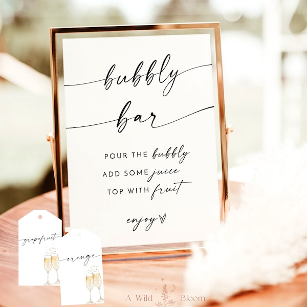 Minimalist Bubbly Bar Sign | Bridal Shower Mimosa Bar Sign | Brunch and Bubbly | Juice Tags | Modern Bubbly Bar Sign | M9