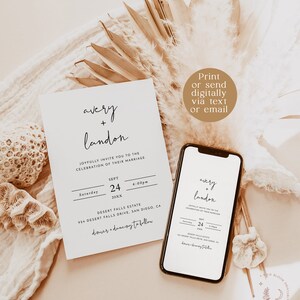 Op de afbeelding: Een huwelijksuitnodiging met een minimalistisch ontwerp met de namen "avery + landon" in zwarte cursieve letters. De uitnodiging vermeldt de datum, tijd en locatie van de huwelijksceremonie. De uitnodiging is gedrukt op wit papier en wordt vergezeld door een smartphone die een digitale versie van de uitnodiging weergeeft.