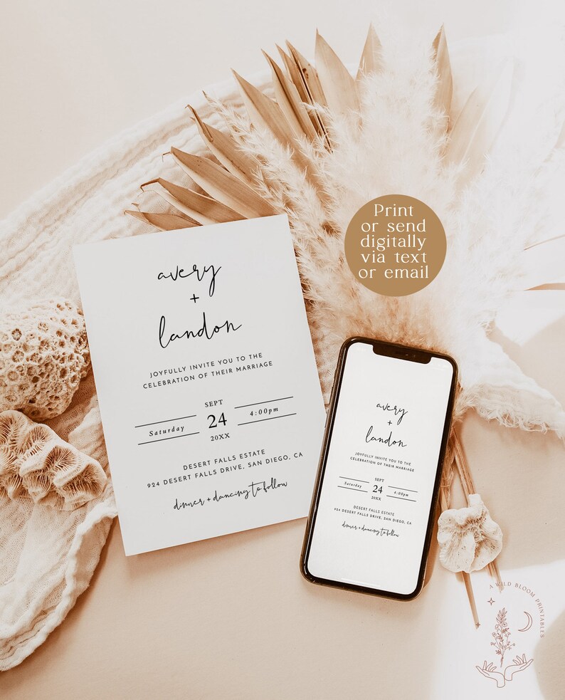 Op de afbeelding: Een huwelijksuitnodiging met een minimalistisch ontwerp met de namen "avery + landon" in zwarte cursieve letters. De uitnodiging vermeldt de datum, tijd en locatie van de huwelijksceremonie. De uitnodiging is gedrukt op wit papier en wordt vergezeld door een smartphone die een digitale versie van de uitnodiging weergeeft.