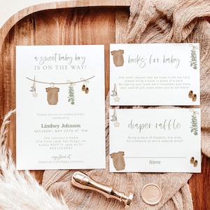 Boy Baby Shower Invitation Template, Sage Green Baby Invite, Gender Neutral, Baby Shower Bundle, Boho Baby Shower, Editable Template, C5