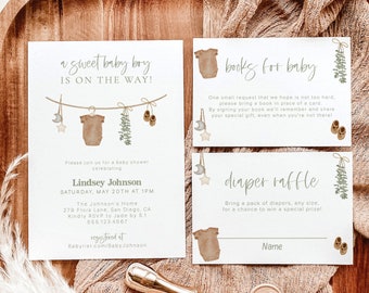 Boy Baby Shower Invitation Template, Sage Green Invite, Gender Neutral, Bundle, Boho, Instant Download, Editable Template, C5