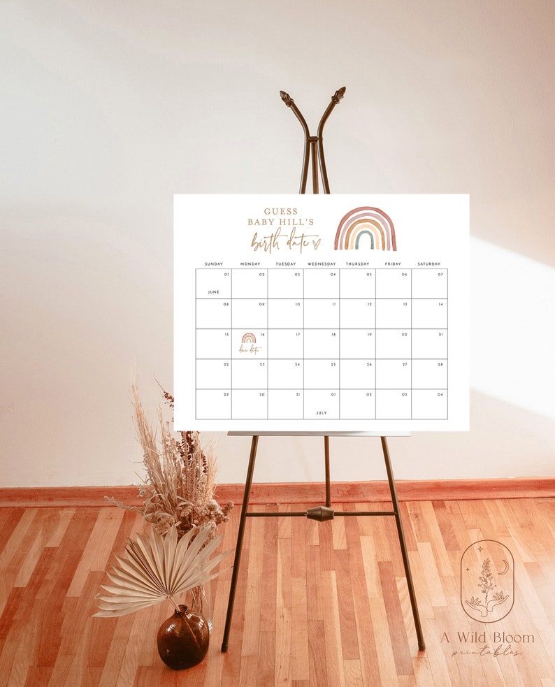 May include: A white printable calendar with a rainbow design and the text "Guess Baby Hill's Birth Date" at the top. The calendar is set up for June 2023 and has a small rainbow icon on the 14th.
