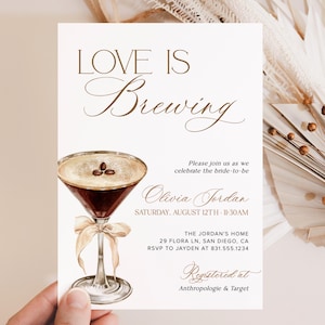 Love is Brewing Bridal Shower Invitation Template, Espresso Martini Bridal Shower Invite, Beige Bow Wedding Shower, Editable Template, E2