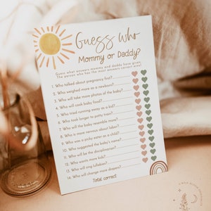 Sunshine Guess Who Game, Boho Gender Neutral Baby Shower, Rainbow Baby Shower Trivia, Mommy or Daddy Game, Editable Template, S2
