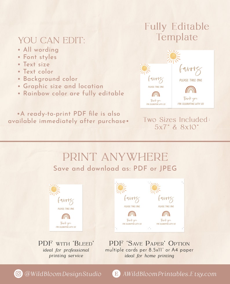 May include: Editable printable template for favor tags with a rainbow and sun design. The text says "Favors, Please Take One, Thank You for Celebrating with Us". The template is available in two sizes: 5x7 inches and 8x10 inches.