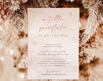 Winter Baby Shower Invitation Template | A Little Snowflake is on the Way | Pink Winter Snowflake Invite | Girl Baby Shower Invite | W7