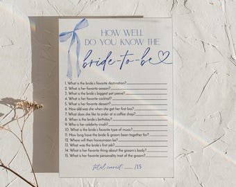 PRINTED + SHIPPED | How Well Do You Know the Bride Bridal Shower Game Dusty Blue Bow Something Blue Coquette Bride to Be Trivia Card