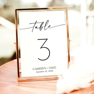 Números de mesa de casamento modernos, número de mesa de casamento minimalista, modelo de número de mesa editável, números de mesa simples, D1