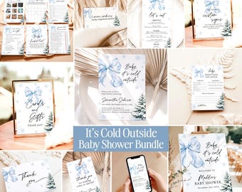 Winter Baby Shower Invitation Template, Boy Invite Bundle, Blue Bow Snowflake, It's Cold Outside, Instant Download, Editable Template, W4