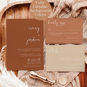 May include: A wedding invitation suite with a rustic aesthetic. The invitation features a brown background with white text, including the names "avery + jordan" and the date "Saturday, August 21, 20XX". The RSVP card has a beige background with the text "kindly rsvp by 8.1.XX".