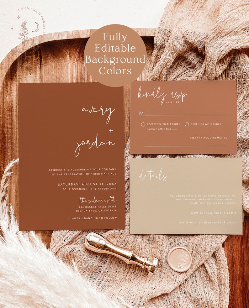 May include: A wedding invitation suite with a rustic aesthetic. The invitation features a brown background with white text, including the names "avery + jordan" and the date "Saturday, August 21, 20XX". The RSVP card has a beige background with the text "kindly rsvp by 8.1.XX".