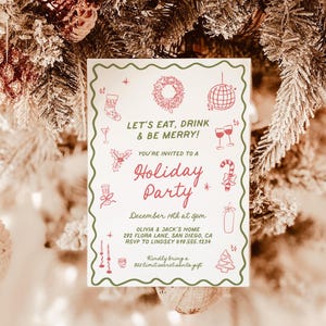 Feestje uitnodigen, handgetekende kerstfeest, kerstdiner feest uitnodigen, vrolijk en helder kerstdiner uitnodigen bewerkbare sjabloon H1