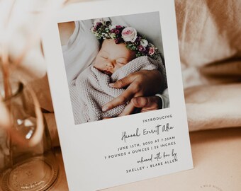 Birth Announcement, Photo Baby Card, Newborn, Minimalist, Modern, Instant Download, Editable Template