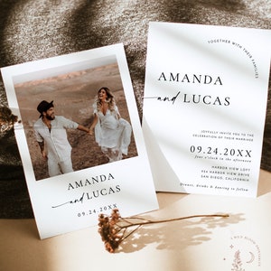 May include: Wedding invitation featuring a photograph of a couple in a desert setting. The invitation is white with black text and includes the names Amanda and Lucas, the date 09.24.20XX, and the venue Harbor View Loft, 924 Harbor View Drive, San Diego, California. The invitation also states "Joyfully invite you to the celebration of their marriage" and "Dinner, drinks & dancing to follow".