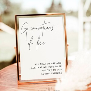 May include: A framed printable sign with the text "Generations of Love" and the quote "All that we are and all that we hope to be we owe to our loving families." The sign is on a wooden surface with a gold frame.
