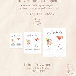 K&ouml;nnte beinhalten: Druckbarer Schild mit dem Text "Signature Drinks" und zwei Aquarell-Illustrationen von Cocktails. Der Text "His" und "Hers" steht &uuml;ber jedem Cocktail. Die Cocktails sind mit "Moscow Mule" und "Blushing Bride" beschriftet. Das Schild enth&auml;lt auch die Namen "Avery" und "Jordan" sowie das Datum "04.24.2023".