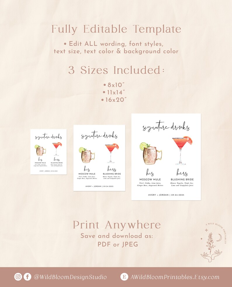 K&ouml;nnte beinhalten: Druckbarer Schild mit dem Text "Signature Drinks" und zwei Aquarell-Illustrationen von Cocktails. Der Text "His" und "Hers" steht &uuml;ber jedem Cocktail. Die Cocktails sind mit "Moscow Mule" und "Blushing Bride" beschriftet. Das Schild enth&auml;lt auch die Namen "Avery" und "Jordan" sowie das Datum "04.24.2023".