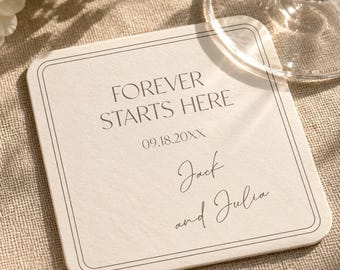 Wedding Coasters | Forever Starts Here Paper Coasters | Personalized Custom Paper Wedding Favor Coasters