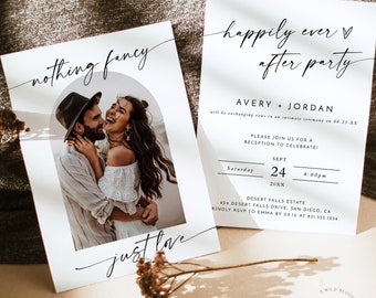 Photo Elopement Announcement, Arch Wedding, Happily Ever After Party Invite, Nothing Fancy Just Love, Editable Template, M9