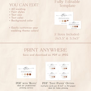 May include: Editable wedding attire card template with the text "attire" in a handwritten font. The template is available in two sizes: 2x3.5 inches and 3.5x5 inches. The card features a color palette of beige, brown, and orange. The text "Print Anywhere" is displayed below the template, along with instructions to save and download the file as a PDF or JPEG. The card is available in two formats: PDF with "bleed" for professional printing services and PDF "Save Paper" option for home printing.