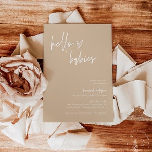 Minimalist Twins Baby Shower Invitation, Gender Neutral Baby Shower, Hello Babies Invite, Modern Beige Baby Shower Invite, BM1
