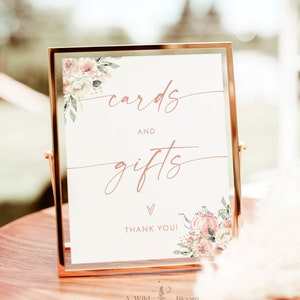 Kaarten en geschenken teken, Tea Party bruiloft teken sjabloon, Boho huwelijksgeschenken teken, blozen roze baby shower teken, roze bloemen douche, T4