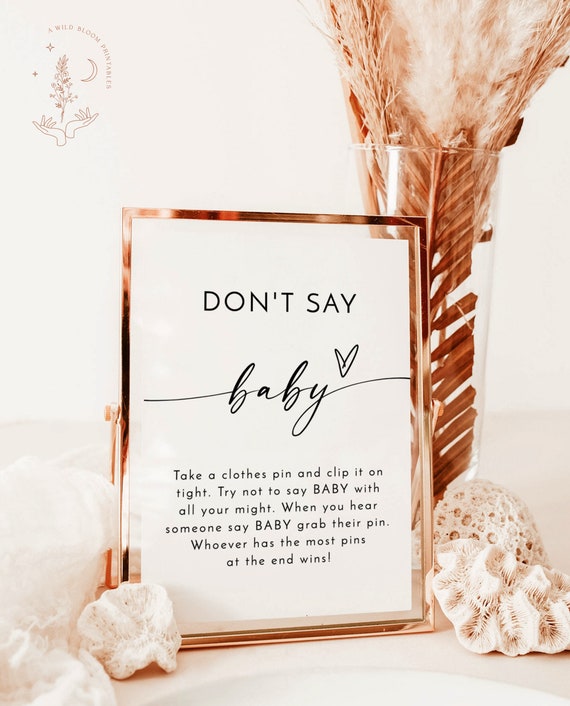 Don't Say Baby Shower Game Sign With 50 Clothespins - Purple Butterfly Design, Wooden Sign & Clothespin Set