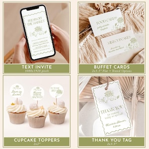 K&ouml;nnte beinhalten: Ein Set druckbarer Brautdusche-Partydekorationen mit einem gr&uuml;nen Blumenmuster. Das Set enth&auml;lt eine Text-Einladung, Buffetkarten, Cupcake-Topper und ein Dankesch&ouml;n-Etikett. Der Text auf der Einladung lautet "Fresh off the market". Die Buffetkarten enthalten den Text "Food cards" und "Mini cupcakes". Die Cupcake-Topper enthalten den Text "Love is sweet", "Olivia's Bridal Shower" und "Future Mrs". Das Dankesch&ouml;n-Etikett enth&auml;lt den Text "Thank you for making today so special".