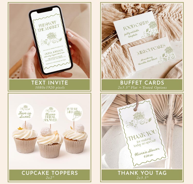 K&ouml;nnte beinhalten: Ein Set druckbarer Brautdusche-Partydekorationen mit einem gr&uuml;nen Blumenmuster. Das Set enth&auml;lt eine Text-Einladung, Buffetkarten, Cupcake-Topper und ein Dankesch&ouml;n-Etikett. Der Text auf der Einladung lautet "Fresh off the market". Die Buffetkarten enthalten den Text "Food cards" und "Mini cupcakes". Die Cupcake-Topper enthalten den Text "Love is sweet", "Olivia's Bridal Shower" und "Future Mrs". Das Dankesch&ouml;n-Etikett enth&auml;lt den Text "Thank you for making today so special".