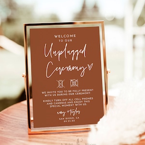 Terracotta Unplugged Ceremony Wedding Sign, Minimalist Unplugged Ceremony Sign, Burnt Orange Elegant Wedding Sign, Editable Template, T2