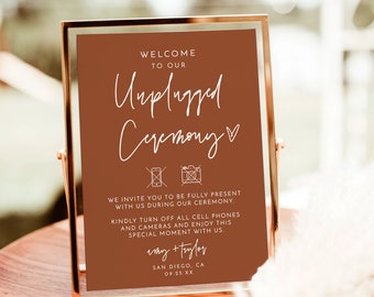 Terracotta Unplugged Ceremony Wedding Sign | Minimalist Unplugged Ceremony Sign | Burnt Orange Elegant Wedding Sign | Editable Template | T2