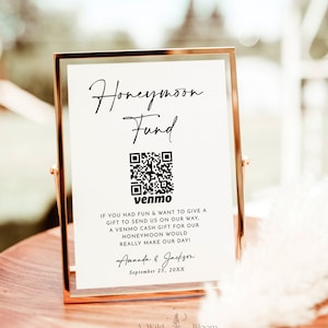 Honeymoon Fund QR Code Sign, Venmo QR Code Modern Wedding Sign, Wedding Honeymoon Fund Sign, Modern Wedding, Editable Template, M5