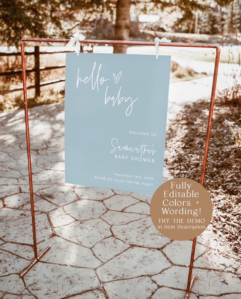 May include: A light blue welcome sign with the text "hello baby" and "Samantha's Baby Shower" with the date "September 14th, 20XX". The sign is hanging on a copper pipe stand.