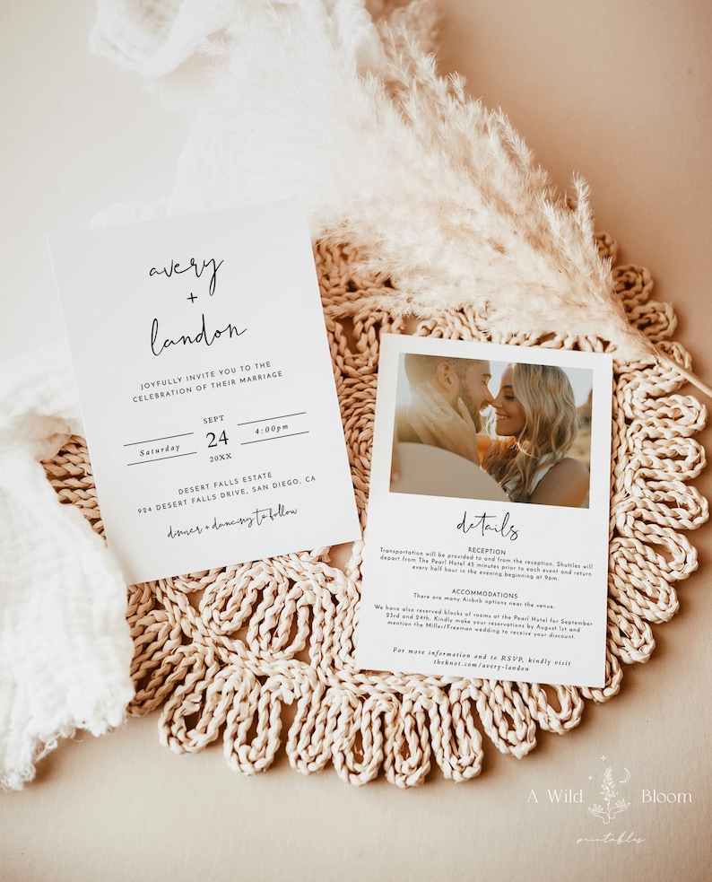Op de afbeelding: Een huwelijksuitnodigingsset met een minimalistisch ontwerp. De uitnodiging heeft een witte achtergrond met zwarte tekst, waaronder de namen "Avery + Landon" en de datum "24 september 20XX". De RSVP-kaart toont een foto van het paar en details over de receptie en accommodatie.