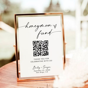 Segno del codice QR del fondo luna di miele, segno del fondo della luna di miele del matrimonio, segno del codice QR Venmo, segno del matrimonio moderno, modello modificabile, M9