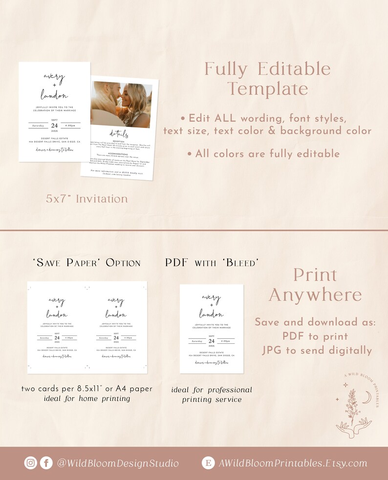 Minimalist Wedding Invitation with Details, Modern Invite, Boho Photo, Instant Download, Editable Template, M4 afbeelding 5