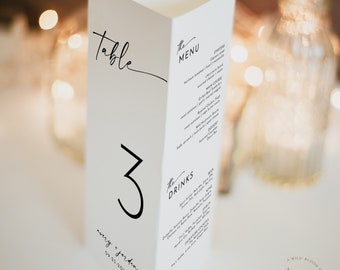 Numéros de table à trois volets de mariage modernes, numéros de table de mariage minimalistes, menu de table à trois volets, support de table triangulaire, modèle modifiable M9