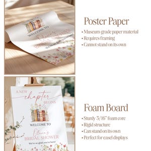 May include: A rolled poster and a foam board sign for a bridal shower. The poster reads "Welcome to Olivia's Bridal Shower" with floral and book illustrations. The foam board sign, on an easel, says "A new chapter begins" and "Welcome to Olivia's Bridal Shower."