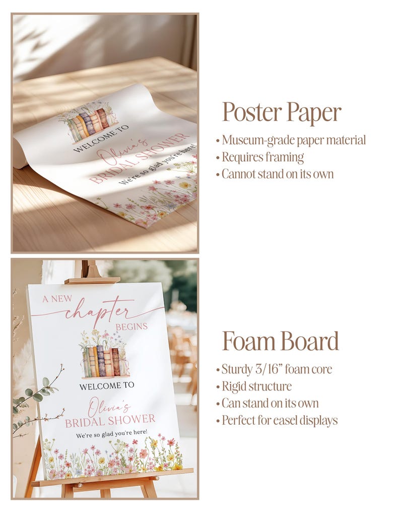 May include: A rolled poster and a foam board sign for a bridal shower. The poster reads "Welcome to Olivia's Bridal Shower" with floral and book illustrations. The foam board sign, on an easel, says "A new chapter begins" and "Welcome to Olivia's Bridal Shower."