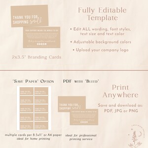 May include: A printable template for thank you cards for small businesses. The template features a beige background with the text "Thank You for Shopping Small" and a message about customer support. The template is fully editable and can be printed on 8.5x11 inch or A4 paper.