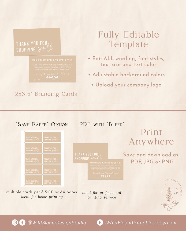 May include: A printable template for thank you cards for small businesses. The template features a beige background with the text "Thank You for Shopping Small" and a message about customer support. The template is fully editable and can be printed on 8.5x11 inch or A4 paper.